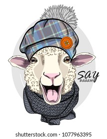 Vector sheep with hat and grey knitted scarf. Hand drawn illustration of dressed sheep.