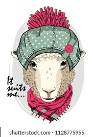 Vector sheep with hat and pink scarf. Hand drawn illustration of dressed sheep.