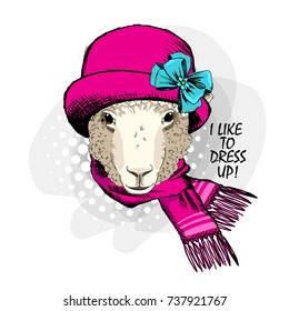 Vector sheep with hat and scarf. Hand drawn illustration of dressed sheep.