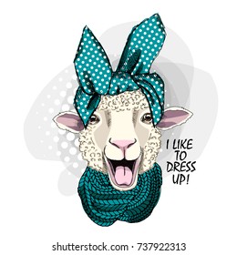 Vector sheep with hat and scarf. Hand drawn illustration of dressed sheep.