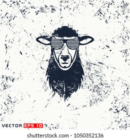 Vector sheep head, hipster face on grunge background