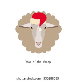 Vector Sheep head in new year, christmas red hat isolated . Chinese zodiac symbol isolated. Web ,poster, banner, advertising, design element. Flat Style, cartoon image