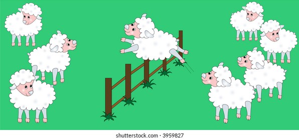 Vector sheep jumping over a fence illustration.