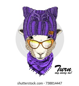 Vector sheep with knitted hat, glasses and scarf. Hand drawn illustration of dressed sheep.