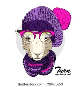 Vector sheep with knitted hat, pink glasses and scarf. Hand drawn illustration of dressed sheep.