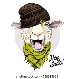 Vector sheep with knitted hat and scarf. Hand drawn illustration of dressed sheep.