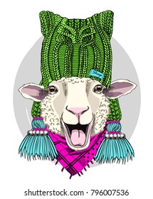 Vector sheep with knitted hat and scarf. Hand drawn illustration of dressed sheep.