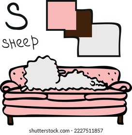 A vector sheep lies on a sofa with its back turned to the viewer. A letter S in the English alphabet.
