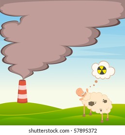 Vector sheep looks as a factory is contaminated by atmosphere by poisonous garbage