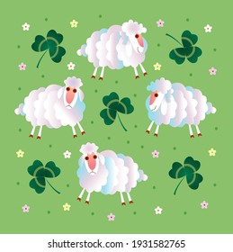 vector sheep in the meadow with green clover for st patrick's day.