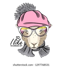 Vector sheep with pink hat, glasses and  scarf. Hand drawn illustration of dressed sheep.