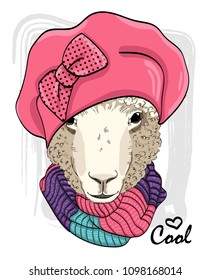 Vector sheep with pink knitted hat and knitted scarf. Hand drawn illustration of dressed sheep.