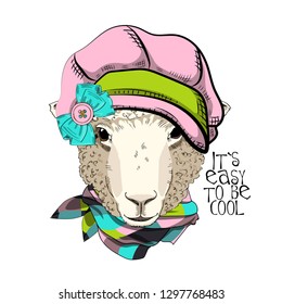 Vector sheep with pink knitted hat and  scarf. Hand drawn illustration of dressed sheep.