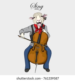 Vector sheep plays cello and sings. Hand drawn illustration of dressed sheep. Musician. 