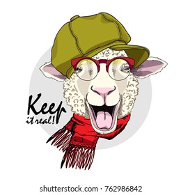 Vector sheep with red glasses and cap. Hand drawn illustration of dressed sheep. Keep it real.