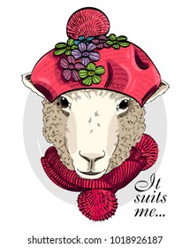 Vector sheep with red knitted beret and scarf. Hand drawn illustration of dressed sheep.