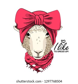 Vector sheep with red turban and red scarf. Hand drawn illustration of dressed sheep.