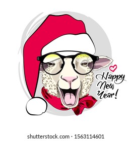 Vector sheep - santa claus with a red cap, glasses and scarf. Hand drawn illustration of dressed sheep. Happy New Year.