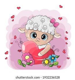 Vector sheep that hugs a big red heart. Isolated animal is smiling cute, she liked the gift in the shape of a heart. The sheep is made in a cartoon style.