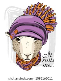 Vector sheep with violet hat and knitted scarf. Hand drawn illustration of dressed sheep.