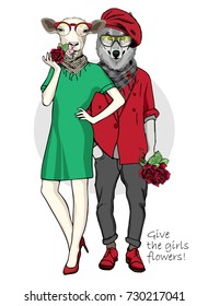 Vector sheep and wolf with glasses and flowers. Hand drawn illustration of dressed sheep and wolf.