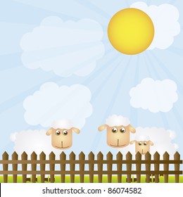 vector sheep with wooden grid over landscape background