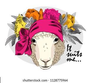 Vector sheep with wreath. Hand drawn illustration of dressed sheep.