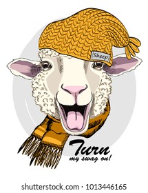 Vector sheep with yellow knitted hat and scarf. Hand drawn illustration of dressed sheep.