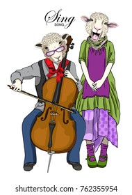 Vector sheeps plays cello and sings. Hand drawn illustration of dressed ox sheeps