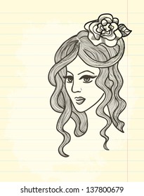 Vector sheet of aged lined paper with beautiful vintage girl sketch and a place for your text