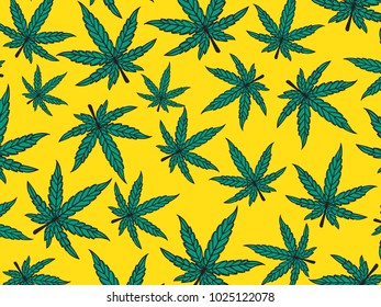 Vector sheet of cannabis. Concept Wide background for a coffeeshop in Amsterdam. Isolated on bright yellow  background.