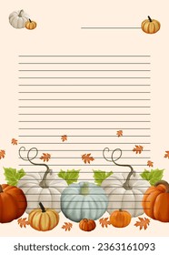 Vector sheet for entries with autumn yellow, white pumpkins and green leaves. Illustration for décor, backgrounds, printing, printing on postcards, diary.