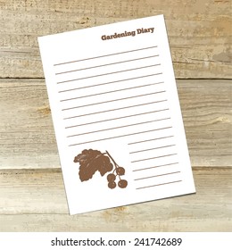 Vector sheet of gardening diary with hand drawn currant  on wood background. EPS 10