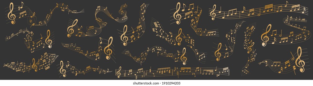 vector sheet music - gold musical notes melody on dark background	
