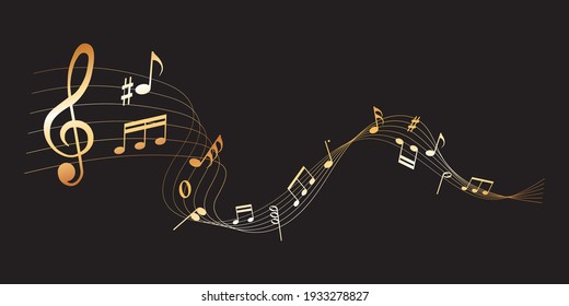 vector sheet music - gold musical note  melody on dark background
