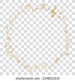 vector sheet music round frame - gold colored musical notes melody on transparent background