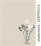 Vector sheet of notebook paper with boho flowers (cotton, laurel, eucalyptus). Textured aged ruled copybook paper sheet. Template for notes, letters, scrapbooking, and others. 
