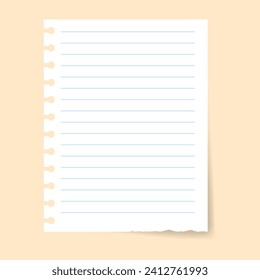 Vector sheet of notebook paper with shadow on yellow background.