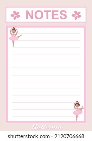 vector sheet for notes with the inscription Notes and decor in the form of little ballerina girls in delicate pink tones