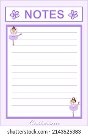 vector sheet for notes with the inscription Notes and decor in the form of little ballerina girls in delicate lilac tones