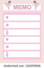 vector sheet for notes with the inscription Memo and decor with little ballerina girls in pink tones