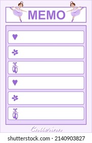 vector sheet for notes with the inscription Memo and decor with little ballerina girls in lilac tutus