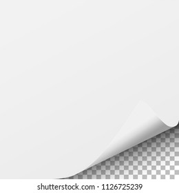 Vector sheet of white paper with curled right corner from the bottom and soft shadow placed on transparent background. Element with space for text and ad. Template paper design.