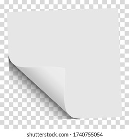 Vector sheet of white paper with curled corner, soft shadow placed on transparent background