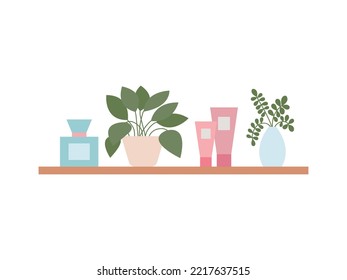 Vector shelf with bathroom tools illustration. Bathroom shelf with toilet tools and flowers