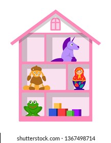 Vector shelve with toys dog, frog, matryoshka, unicorn and cubes for baby children room. Shelve as a toy house. Furniture for play child room.