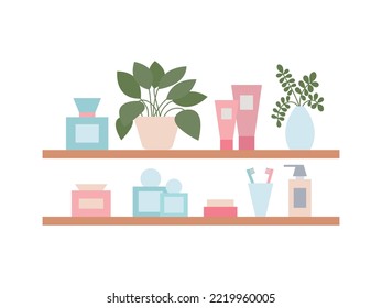 Vektorschränke mit Bademäntel zur Illustration. Badewanne mit Toilettenartikeln und Blumen