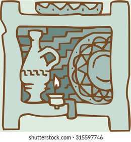 Vector of shelves filled with household objects. Hand drawn cartoon.
