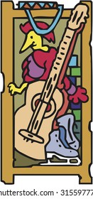 Vector of shelves filled with household objects. Hand drawn cartoon.