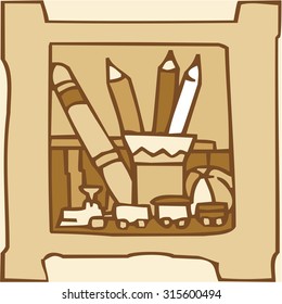 Vector of shelves filled with household objects. Hand drawn cartoon.